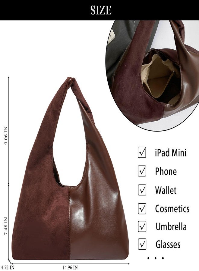Extolove Suede Purse Slouchy Suede Hobo Bags for Women Trendy Splicing Leather Tote Bag Handbag (Coffee) - Image 4