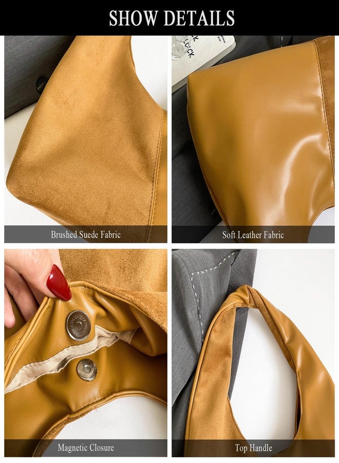 Extolove Suede Purse Slouchy Suede Hobo Bags for Women Trendy Splicing Leather Tote Bag Handbag (Coffee) - Image 5