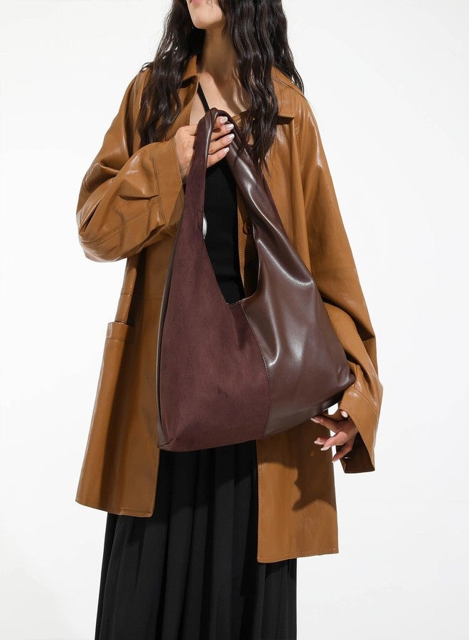 Extolove Suede Purse Slouchy Suede Hobo Bags for Women Trendy Splicing Leather Tote Bag Handbag (Coffee) - Image 2