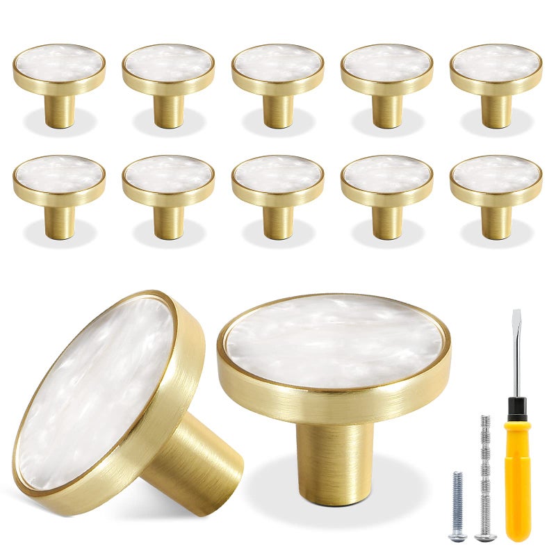 Cionyce 12 Pack Gold Knobs for Dresser Drawers, Brass Dresser Knobs Round Cabinet Knobs for Kitchen Cabinet Cupboard Door Decorative Furniture Hardware, 1-1/4" Diameter, White - Image 1