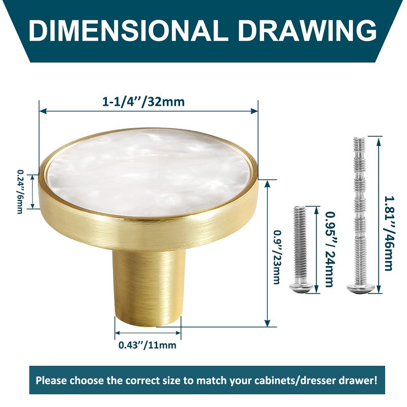 Cionyce 12 Pack Gold Knobs for Dresser Drawers, Brass Dresser Knobs Round Cabinet Knobs for Kitchen Cabinet Cupboard Door Decorative Furniture Hardware, 1-1/4" Diameter, White - Image 2
