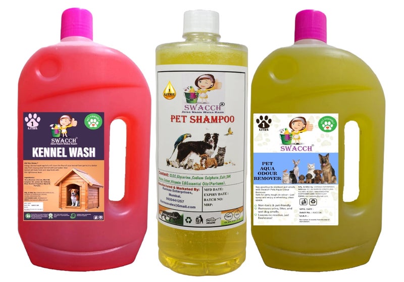 swacch Kennel Wash (Rose) + Pet Shampoo (Lemon) I Pet Aqua Odour Remover (Lemon) 1 Litre Combo Pack of 3 Economical Pack I Dog and Cat Friendly - Image 1