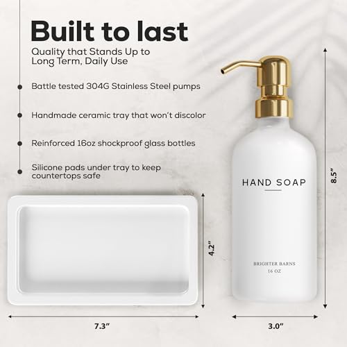 Brighter Barns Luxury Glass Soap and Lotion Dispenser Set with Tray by Brighter Barns - Hand Soap Dispenser Bathroom Set & Stainless Steel Pump for Home or Airbnb - White and Gold Bathroom Accessories & Decor (Gold) - Image 3