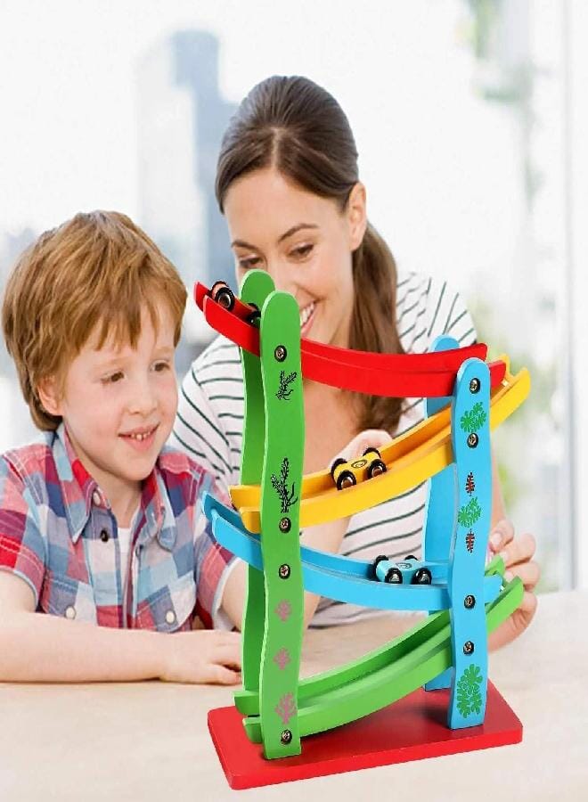 Wooden Car Race Track Ramp Toy for 3+ Year Old Toddler | Motor Skills Race Track Wooden Toy with 4 Cars and stable Base | Great Montessori Toys Gift for Toddlers. - Image 3