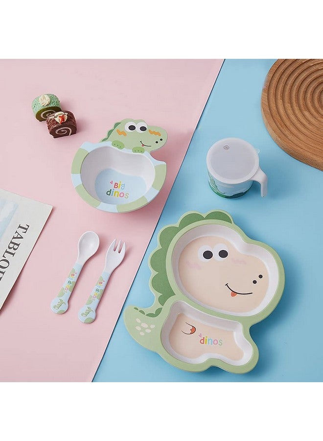 Fekdod Bamboo Kids Dinnerware Set 5 Pcs Includes Plate Bowl Cup Fork Spoon Perfect for Kids BPA-Free (Little Dinosaur) - Image 2