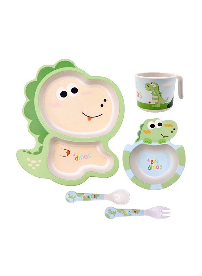 Fekdod Bamboo Kids Dinnerware Set 5 Pcs Includes Plate Bowl Cup Fork Spoon Perfect for Kids BPA-Free (Little Dinosaur) - Image 1