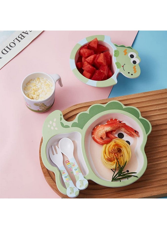 Fekdod Bamboo Kids Dinnerware Set 5 Pcs Includes Plate Bowl Cup Fork Spoon Perfect for Kids BPA-Free (Little Dinosaur) - Image 4