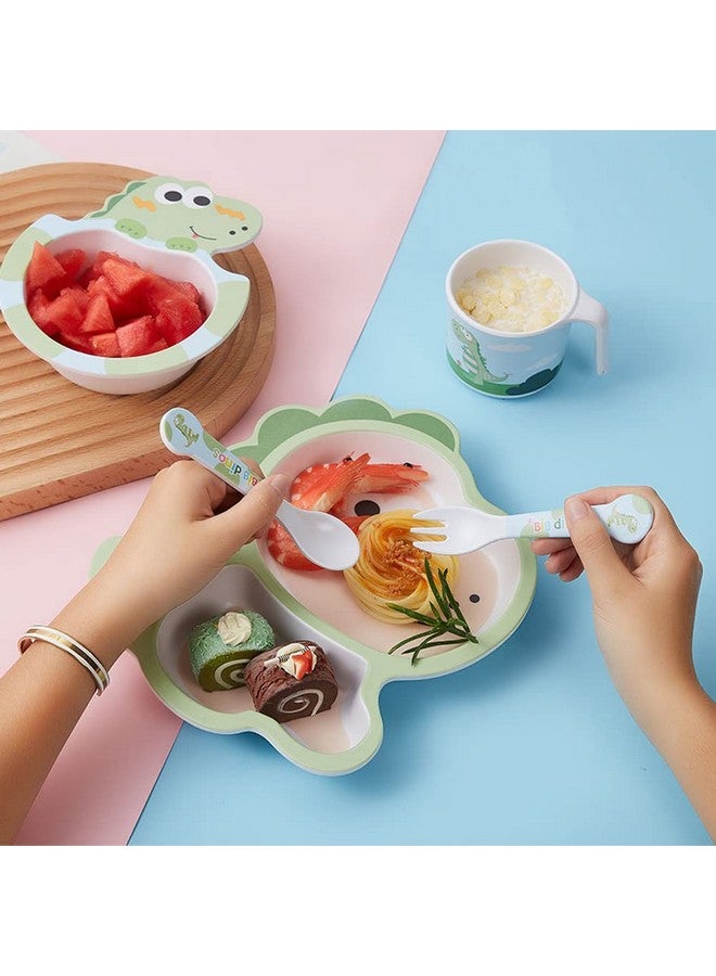 Fekdod Bamboo Kids Dinnerware Set 5 Pcs Includes Plate Bowl Cup Fork Spoon Perfect for Kids BPA-Free (Little Dinosaur) - Image 3