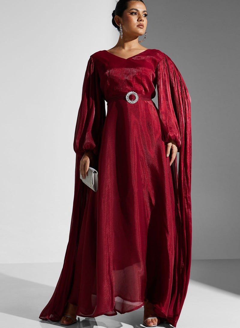 Namshi x Zena Louay Shimmer Puff Sleeve Dress With Exaggerated Trail  - Image 1