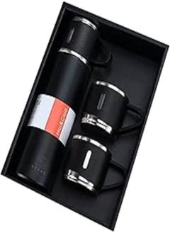 [steel Luxurious gift package] Double-wall stainless steel vacuum thermos flask with Silicone Handle and Insulated lid set with 2 stainless steel cups for hot and cold beverages (BLACK)