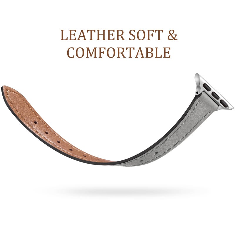 Charlam Compatible with Apple Watch Bands for Women 41mm 40mm 38mm 42mm 44mm 45mm 46mm,Top Grain Soft Leather Bands Slim Wristband for iWatch SE,iWatch Series 11 10 9 8 7 6 5 4 3 2 1,Slate Gray/Silver - Image 3