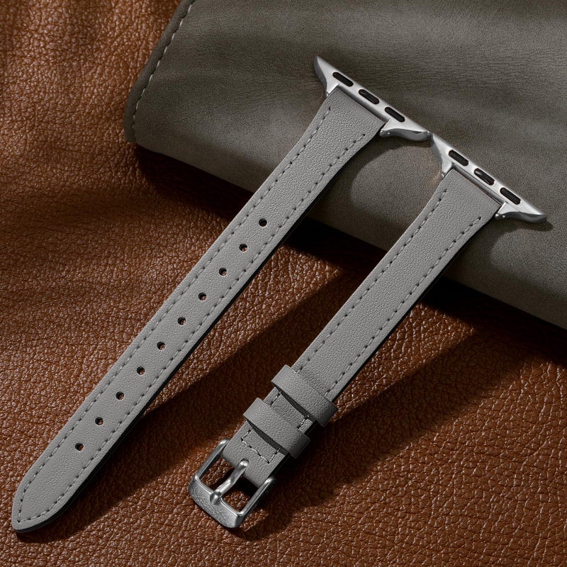 Charlam Compatible with Apple Watch Bands for Women 41mm 40mm 38mm 42mm 44mm 45mm 46mm,Top Grain Soft Leather Bands Slim Wristband for iWatch SE,iWatch Series 11 10 9 8 7 6 5 4 3 2 1,Slate Gray/Silver - Image 5