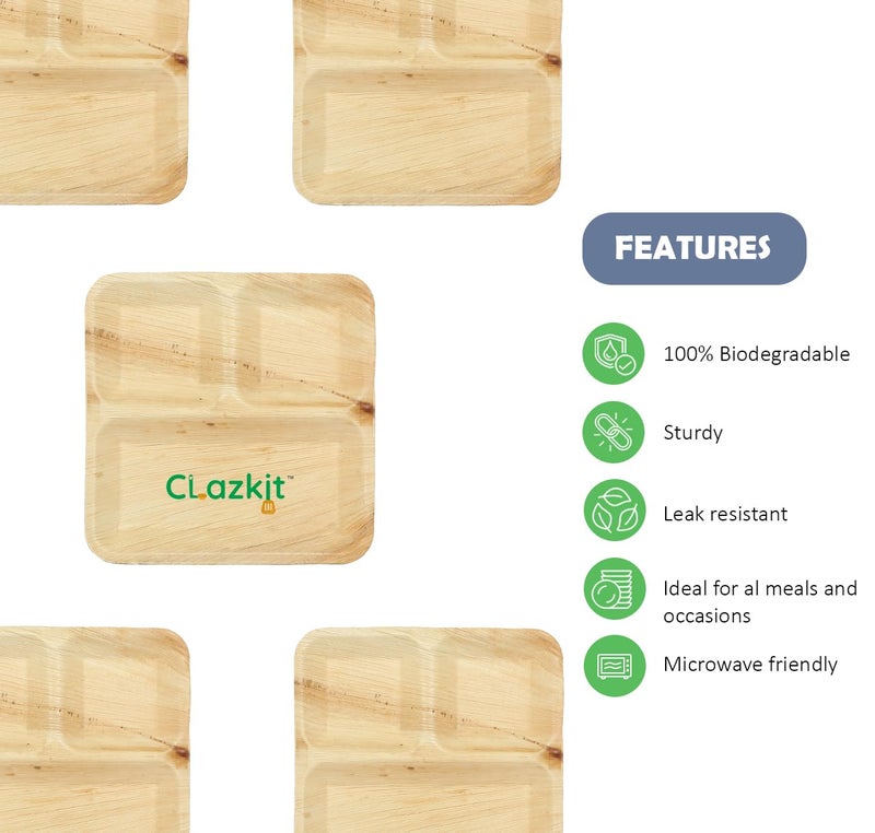 Clazkit 50 Pack | 3 Compartment Palm Leaf Plates | Disposable Eco-Friendly Biodegradable Like Bamboo Plates | Party, Wedding, Event Plates 9" X9' - Image 4