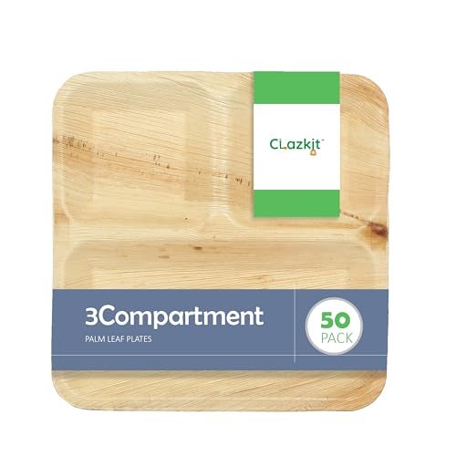 Clazkit 50 Pack | 3 Compartment Palm Leaf Plates | Disposable Eco-Friendly Biodegradable Like Bamboo Plates | Party, Wedding, Event Plates 9" X9' - Image 1