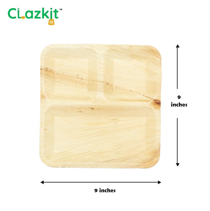 Clazkit 50 Pack | 3 Compartment Palm Leaf Plates | Disposable Eco-Friendly Biodegradable Like Bamboo Plates | Party, Wedding, Event Plates 9" X9' - Image 2