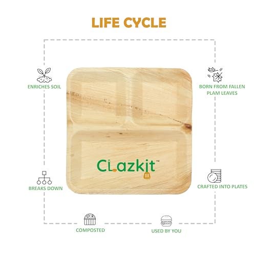 Clazkit 50 Pack | 3 Compartment Palm Leaf Plates | Disposable Eco-Friendly Biodegradable Like Bamboo Plates | Party, Wedding, Event Plates 9" X9' - Image 3