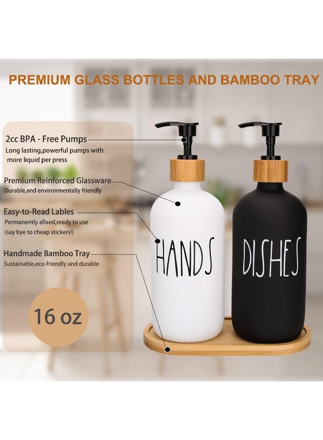 Set of 2 Glass Hand Soap Dispenser white and  black 400 ml with Wooden Holder for toilet or kitchen - Image 5