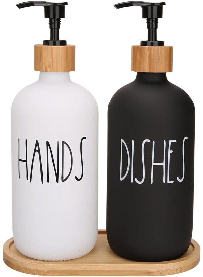 Set of 2 Glass Hand Soap Dispenser white and  black 400 ml with Wooden Holder for toilet or kitchen - Image 1
