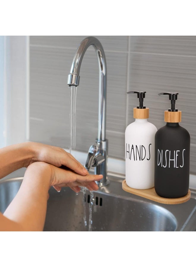 Set of 2 Glass Hand Soap Dispenser white and  black 400 ml with Wooden Holder for toilet or kitchen - Image 2