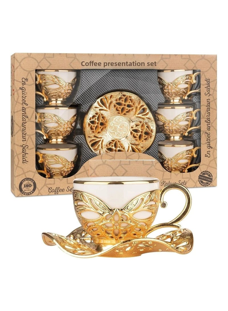 أكار طقم قهوة تركية فاخر من 6 فناجين مع حوامل وصحون بالتراث العثماني الأنيق باللون الذهبي – صناعة تركية - Image 1