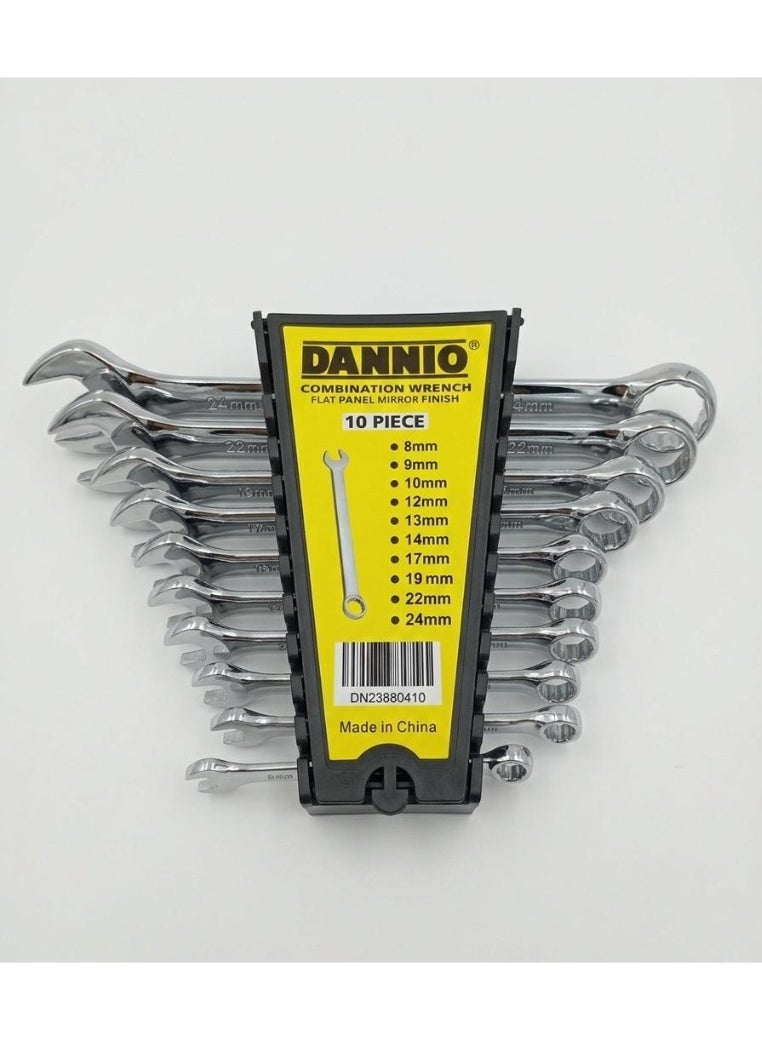 Dannio Combination Wrench Spanner Flat Panel Mirror Finish (8, 9, 10, 12, 13, 14, 17, 19, 22, 24 MM) 10-Pieces -Chrome Vanadium Steel Wrenches with Non-Slip Grip - Perfect for Automotive, DIY, and Home Repairs - Compact Rack Pack - Dannio - Image 1