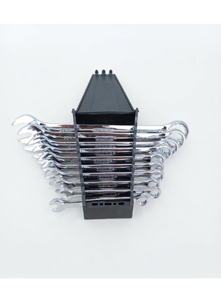 Dannio Combination Wrench Spanner Flat Panel Mirror Finish (8, 9, 10, 12, 13, 14, 17, 19, 22, 24 MM) 10-Pieces -Chrome Vanadium Steel Wrenches with Non-Slip Grip - Perfect for Automotive, DIY, and Home Repairs - Compact Rack Pack - Dannio - Image 2