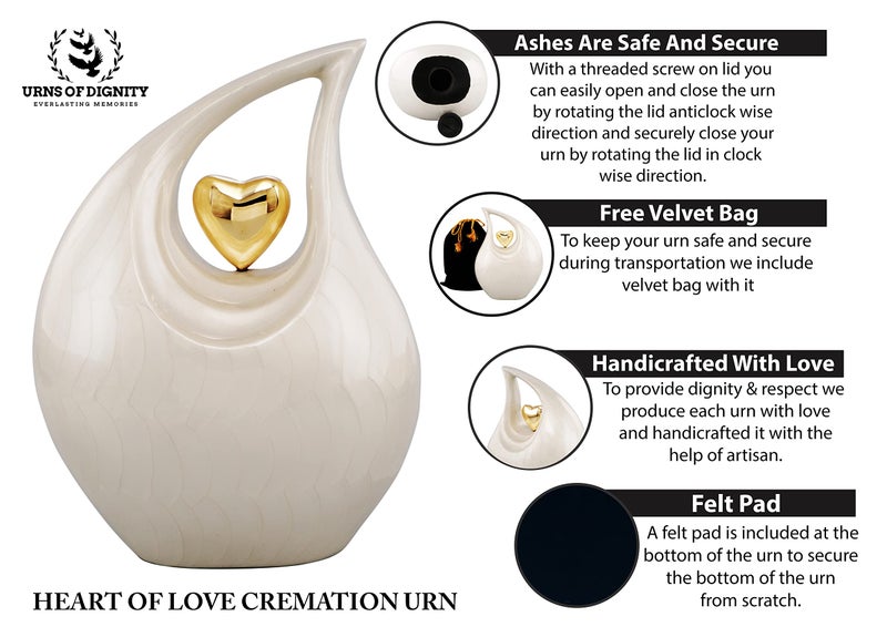 URNS OF DIGNITY Heart of Love Cremation Urn for Human Ashes – Beautiful Memorial ERN for Adult – Decorative ERN for Loved Ones – Funeral Urn for Burial or Display (White Gold, Adult) - Image 4