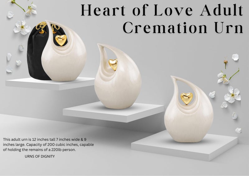 URNS OF DIGNITY Heart of Love Cremation Urn for Human Ashes – Beautiful Memorial ERN for Adult – Decorative ERN for Loved Ones – Funeral Urn for Burial or Display (White Gold, Adult) - Image 2