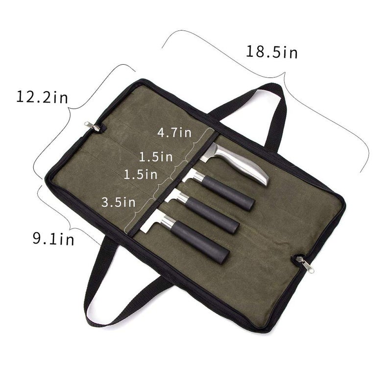 QEES Knife Roll,Heavy Duty Knife Bag,Waxed Canvas knife Case with 4 Slots For Knives & Kitchen Tools,Chef Knife Bag With Handle.Portable Knife Roll Bag For Chefs Culinary Traveling.Knives Pouch - Image 4