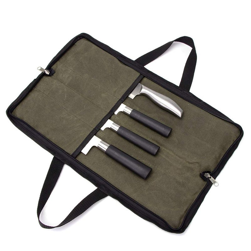 QEES Knife Roll,Heavy Duty Knife Bag,Waxed Canvas knife Case with 4 Slots For Knives & Kitchen Tools,Chef Knife Bag With Handle.Portable Knife Roll Bag For Chefs Culinary Traveling.Knives Pouch - Image 1