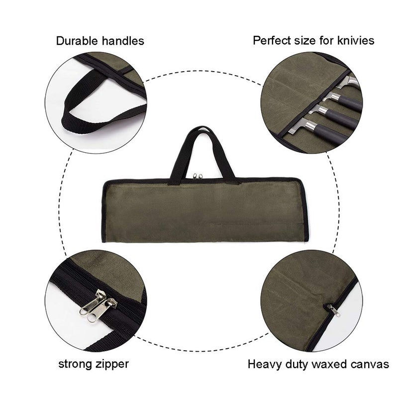 QEES Knife Roll,Heavy Duty Knife Bag,Waxed Canvas knife Case with 4 Slots For Knives & Kitchen Tools,Chef Knife Bag With Handle.Portable Knife Roll Bag For Chefs Culinary Traveling.Knives Pouch - Image 2