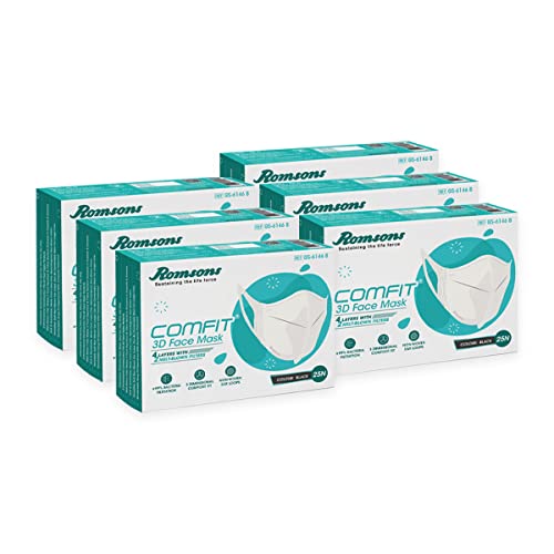 Romsons قناع وجه رومسونز كومفيت ثلاثي الأبعاد للاستخدام مرة واحدة مع حماية بأربع طبقات - أسود (عبوة من 2) 50 قطعة - Image 1