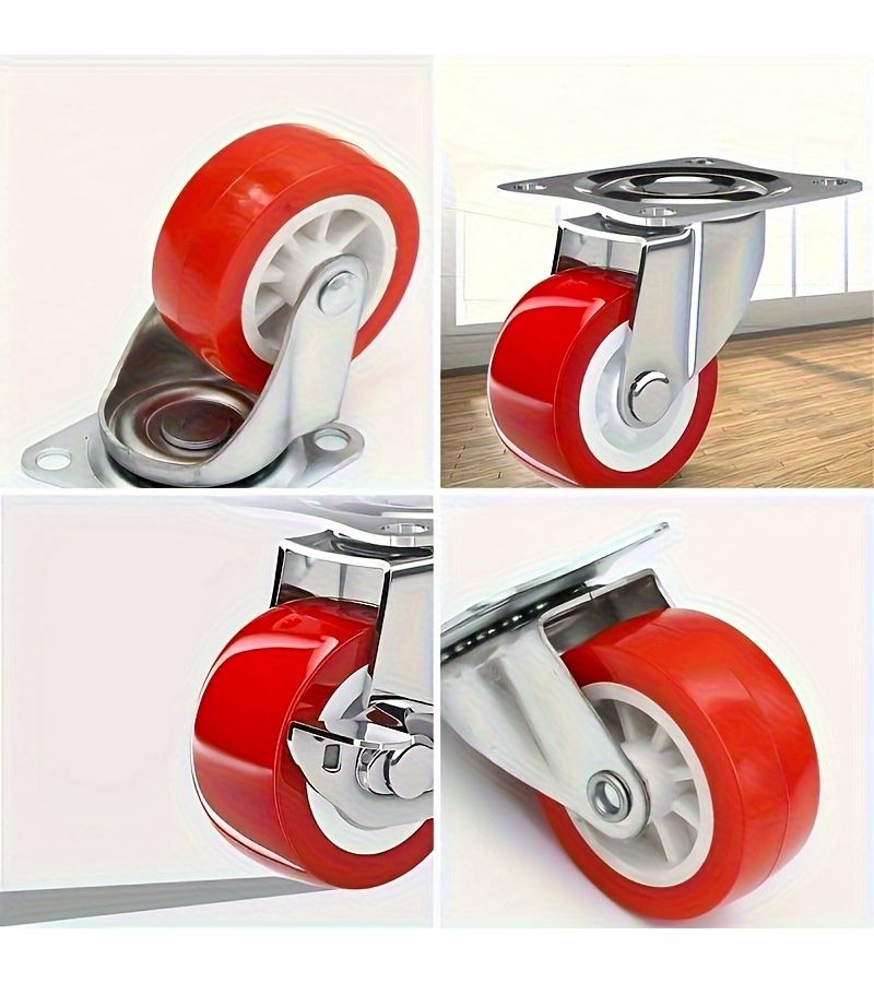 4pcs Heavy Duty Stainless Steel Swivel Caster Wheels Red Polyurethane Tires Smooth Roll Furniture - Image 3