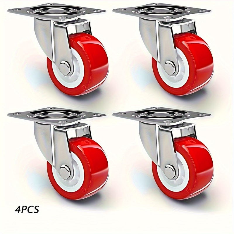4pcs Heavy Duty Stainless Steel Swivel Caster Wheels Red Polyurethane Tires Smooth Roll Furniture - Image 1