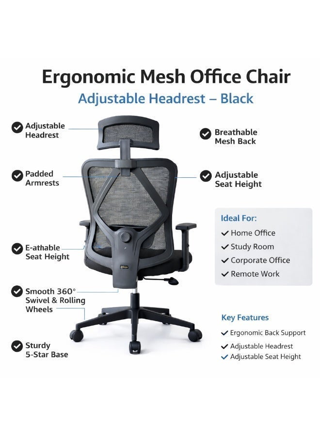Furalux Ergonomic Office Chair with Adjustable Headrest & Lumbar Support, 4D Armrests, Breathable Mesh Back, Memory Foam Seat, 360° Swivel Computer Desk Chair, Heavy Duty 5-Star Base – Black - Image 2