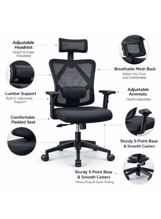 Furalux Ergonomic Office Chair with Adjustable Headrest & Lumbar Support, 4D Armrests, Breathable Mesh Back, Memory Foam Seat, 360° Swivel Computer Desk Chair, Heavy Duty 5-Star Base – Black - Image 3