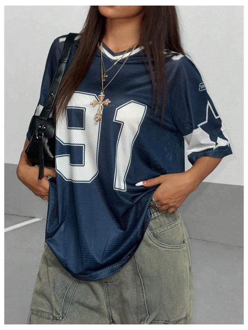 SHENHE Women's Graphic Football Jersey Top V Neck Short Sleeve Loose T Shirt Streetwear Dark Blue Medium - Image 3