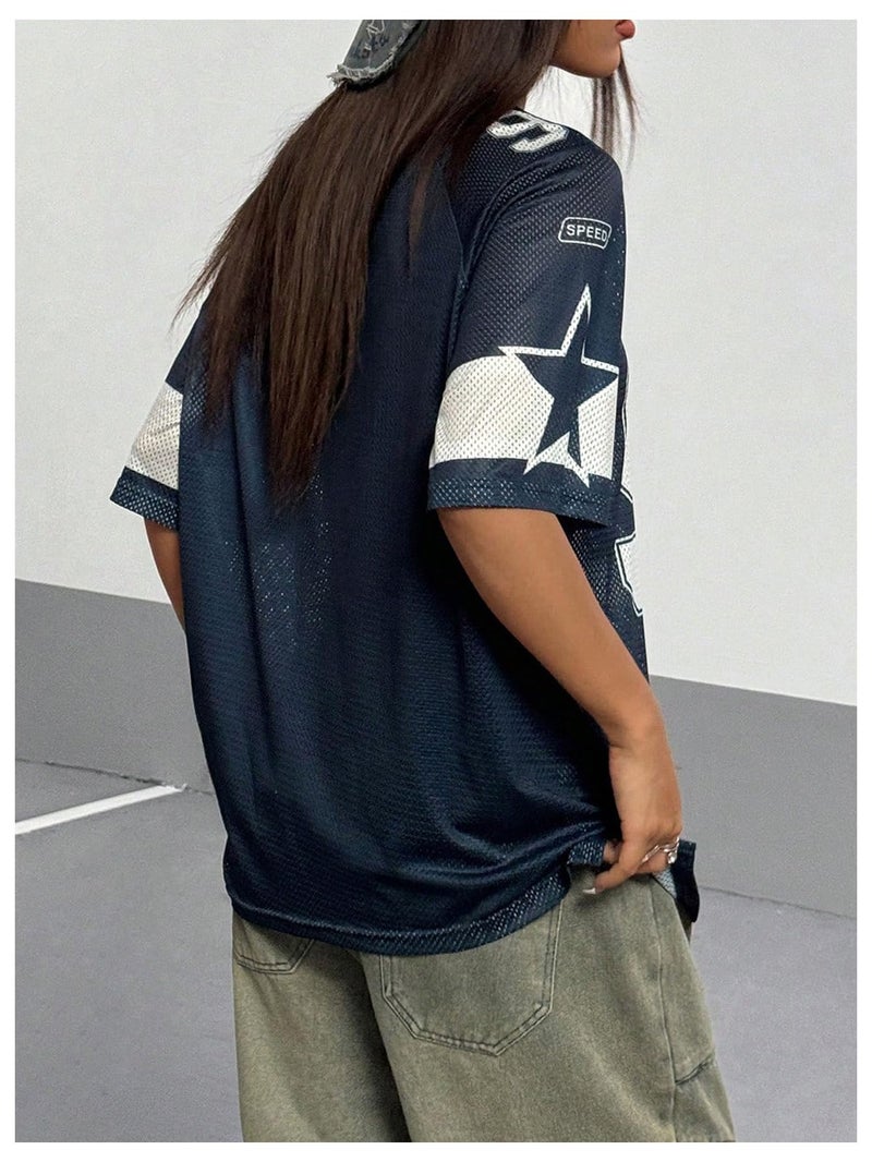 SHENHE Women's Graphic Football Jersey Top V Neck Short Sleeve Loose T Shirt Streetwear Dark Blue Medium - Image 2