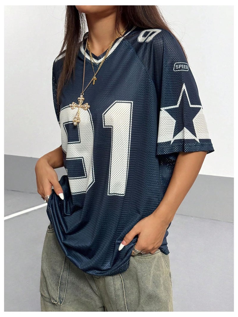 SHENHE Women's Graphic Football Jersey Top V Neck Short Sleeve Loose T Shirt Streetwear Dark Blue Medium - Image 4