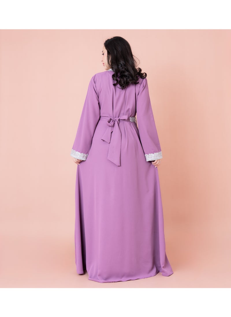 IKKXA Solid Embroidery Belted 2-Piece Kaftan IN8436 Purple  - Image 4