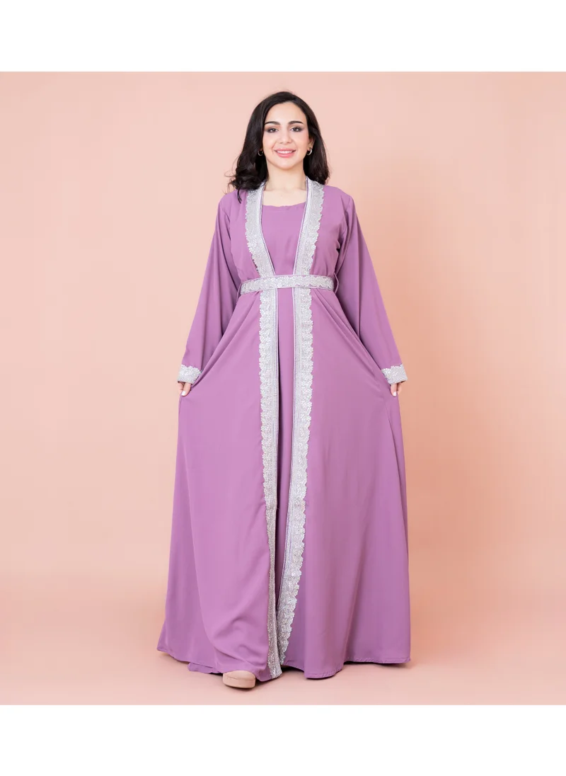 IKKXA Solid Embroidery Belted 2-Piece Kaftan IN8436 Purple