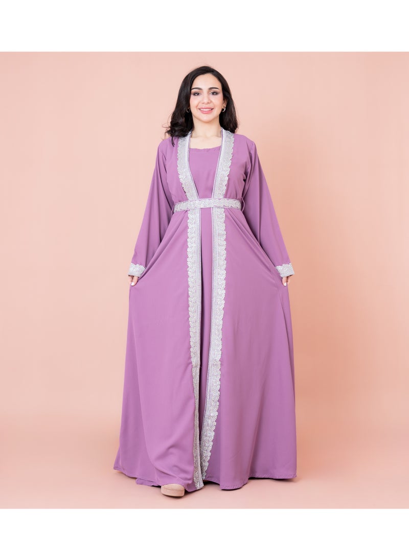 IKKXA Solid Embroidery Belted 2-Piece Kaftan IN8436 Purple  - Image 1