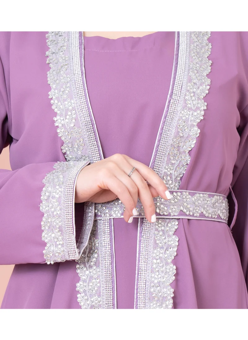 IKKXA Solid Embroidery Belted 2-Piece Kaftan IN8436 Purple