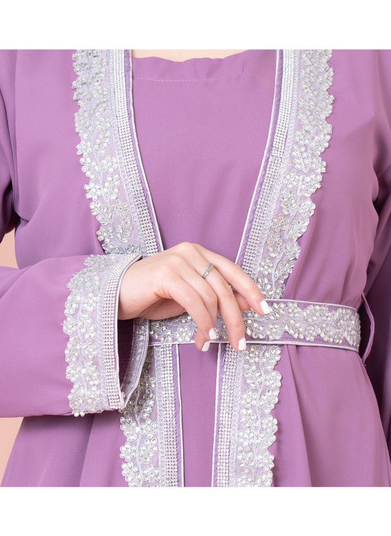 IKKXA Solid Embroidery Belted 2-Piece Kaftan IN8436 Purple  - Image 2