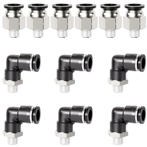 TAILONZ PNEUMATIC Elbow and Straight Combination 1/2 Inch Tube OD x 1/4 Inch NPT Thread Push to Connect Fittings PC-1/2-N2+PL-1/2-N2(Pack of 12) - Image 1