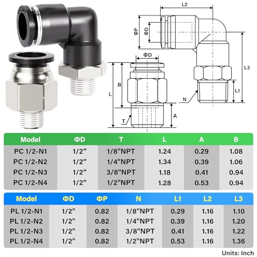TAILONZ PNEUMATIC Elbow and Straight Combination 1/2 Inch Tube OD x 1/4 Inch NPT Thread Push to Connect Fittings PC-1/2-N2+PL-1/2-N2(Pack of 12) - Image 2