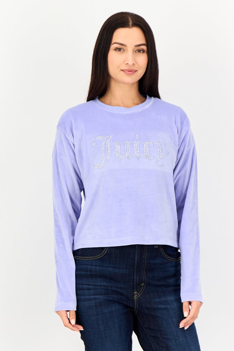 Juicy Couture سويت شيرت نسائي بأكمام طويلة بياقة دائرية وشعار العلامة التجارية، ليلك - Image 1