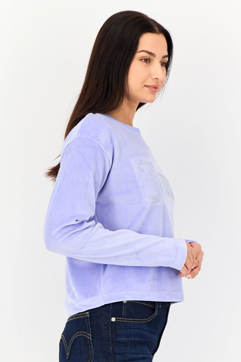 Juicy Couture سويت شيرت نسائي بأكمام طويلة بياقة دائرية وشعار العلامة التجارية، ليلك - Image 2