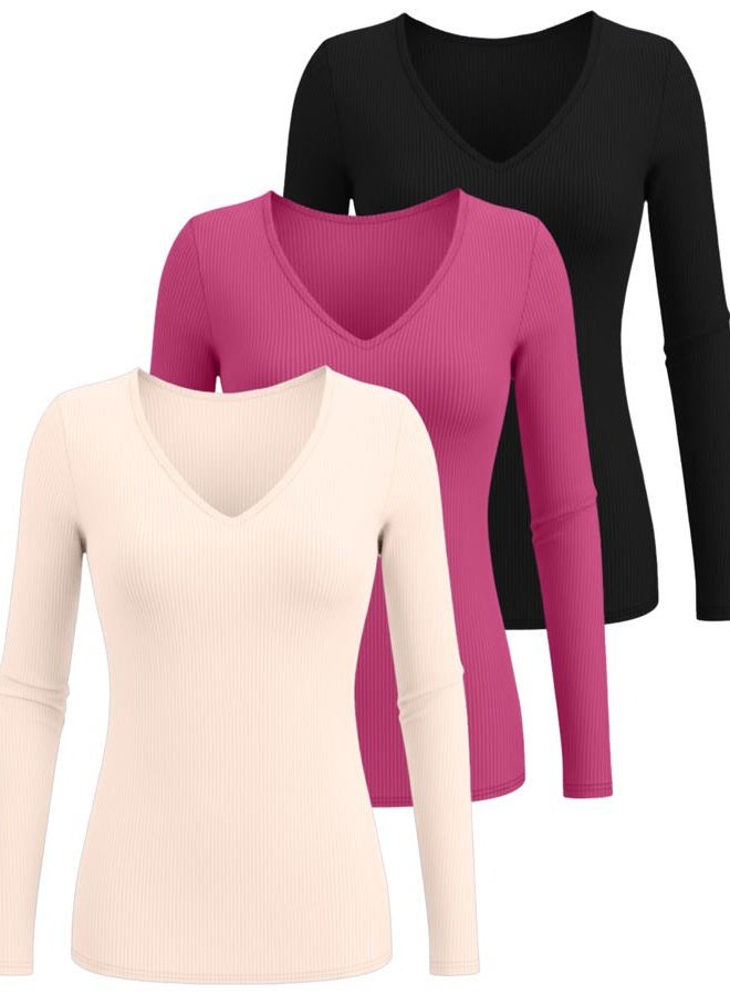 Ficerd 3 Pack Women's Long Sleeve T Shirts Cotton V Neck Slim Fit Tops Ribbed Knit Layering Casual Basic Tees 2025 Fall, Black, Cream, Rose Pink, M - Image 2