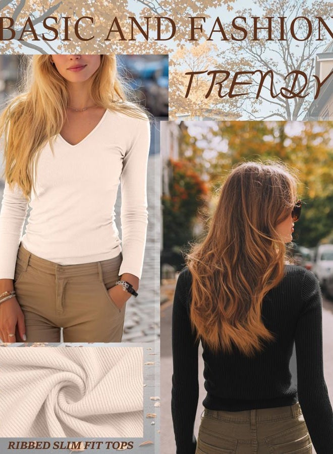 Ficerd 3 Pack Women's Long Sleeve T Shirts Cotton V Neck Slim Fit Tops Ribbed Knit Layering Casual Basic Tees 2025 Fall, Black, Cream, Rose Pink, M - Image 4